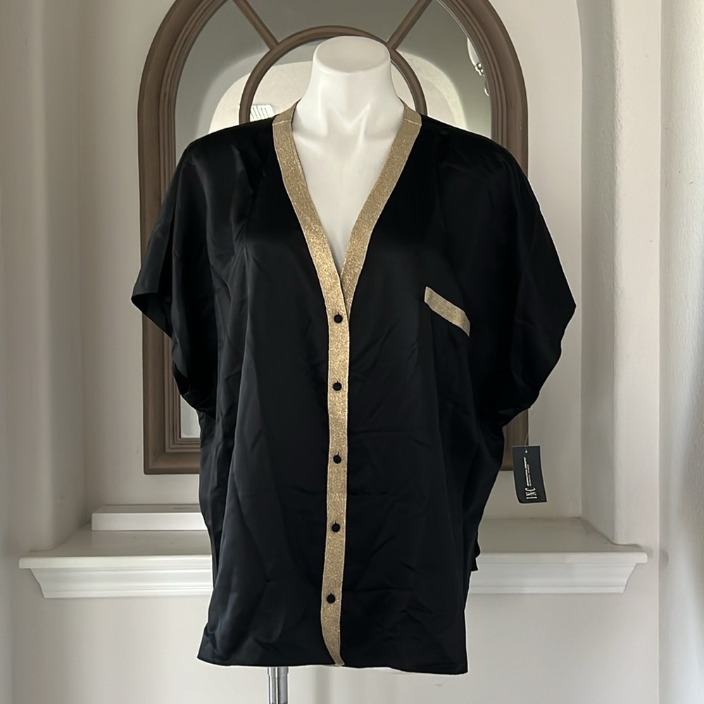 INC Metallic Tuxedo Stripe Satin Pajamas Set in Deep Black, Plus Size 3X NWT - Picture 4 of 9